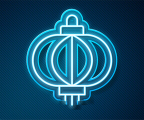 Obraz premium Glowing neon line Chinese paper lantern icon isolated on blue background. Vector