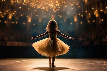 Rear view of little girl dancing ballet under spotlight on stage, little friends dancing on stage