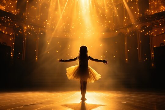 Rear View Of Little Girl Dancing Ballet Under Spotlight On Stage, Little Friends Dancing On Stage