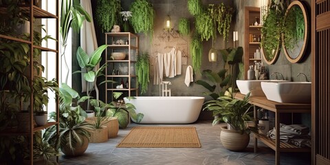 Bathroom interior decorated with green plants. Modern comfortable bathroom. Generative AI.
