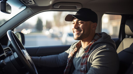 Fototapeta na wymiar Man sits behind the wheel of a car and smiles
