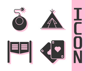 Set Playing cards, Bomb ready to explode, Saloon door and Indian teepee or wigwam icon. Vector