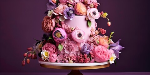 Big, beautiful, pink cake decorated with flowers