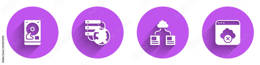 Poster set hard disk drive hdd, network cloud connection, cloud technology data transfer and failed access 