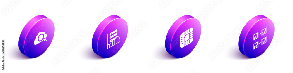 Aufkleber set isometric search cloud computing, server, data, web hosting, processor with cpu and hierarchy or