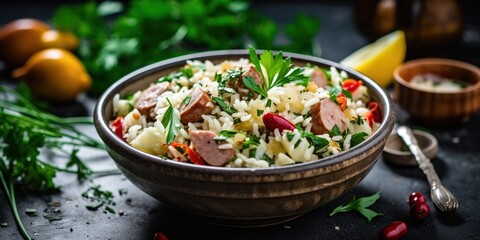 Cold rice salad with sausage, cheese and legumes