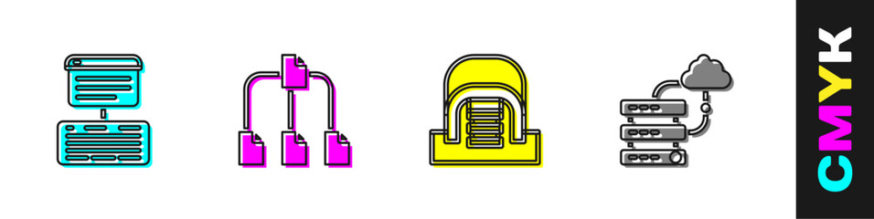 Fototapeta premium Set Server, Data, Web Hosting, Folder tree, Hangar with servers and Network cloud connection icon. Vector