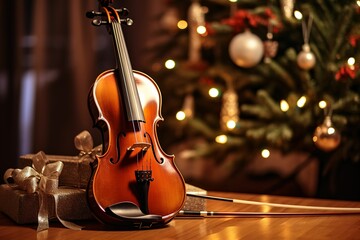 Violin and Christmas tree, New Year's concert program cover, Orchestra New Year's performance cover