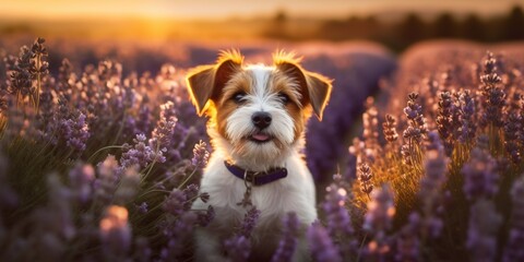 Cute small pet dog sitting in a lavender flower herb field in summer. Dog sunset, travelling or hiking