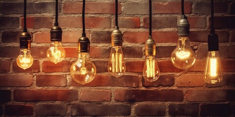 Decorative antique edison style light bulbs against brick wall background. vintage lamp decorative