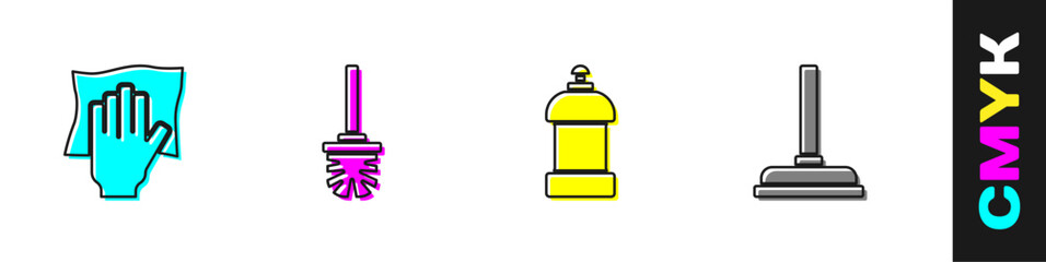 Set Cleaning service, Toilet brush, Bottle for cleaning agent and Rubber plunger icon. Vector
