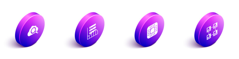 Set Isometric Search cloud computing, Server, Data, Web Hosting, Processor with CPU and Hierarchy organogram chart icon. Vector