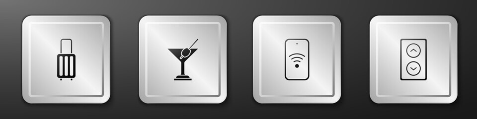 Set Suitcase, Martini glass, Mobile with wi-fi wireless and Lift icon. Silver square button. Vector