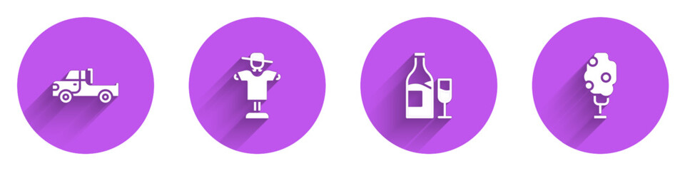 Set Pickup truck, Scarecrow, Wine bottle with glass and Tree apple icon with long shadow. Vector