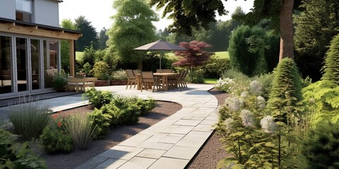 Fototapeta na wymiar Hard landscaping, new luxury patio and garden