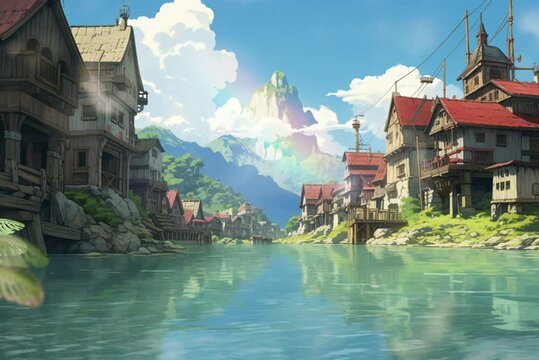 Japanese traditional countryside landscape during daytime in anime illustration style, 4K animation