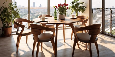 Interior design of modern dining room, dining table and wooden chairs.