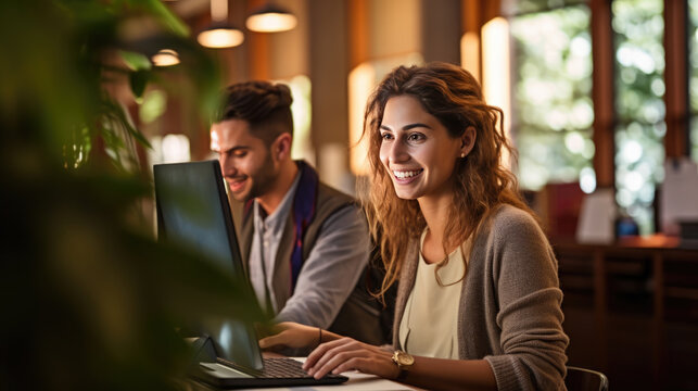 Girl student sits at a computer in the library preparing for an online lecture