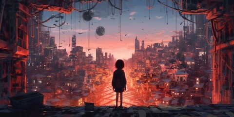Lonely girl finding her goal in an abandoned future city, anime style, generative ai technology