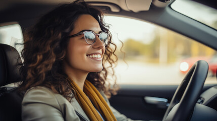 Woan sits behind the wheel of a car and smiles
