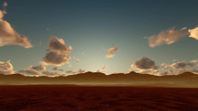 Desert sunset., Dramatic Sundown Landscape, Sunset in Mountains View Nature. 3d animation.