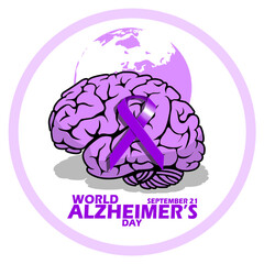 Icon of a brain with purple ribbon and earth, with bold text in circle frame on white background to commemorate World Alzheimers day on September 21