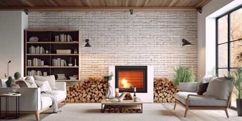 Nterior design of Living Room in Scandinavian style with White Brick Fireplace decorated with Wood,