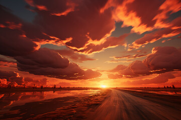  the sun gradually sets, and the sky is dyed with orange. AI generative