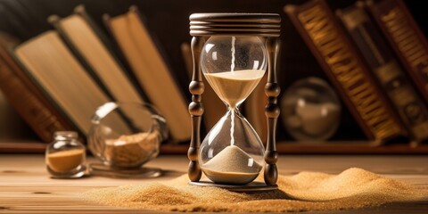 Sand clock sitting on top of table next to pile of pennets.