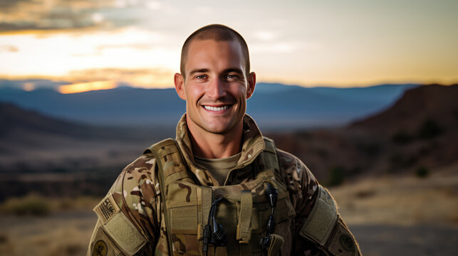 Portrait of american male soldier looking at camera. - Powered by Adobe