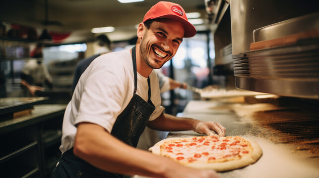 Male chef makes pizza in a restaurant.