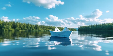Small paper boat floating on blue calm river water, green forest, blue sky with light summer clouds