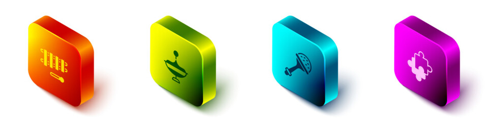 Set Isometric Xylophone, Whirligig toy, Rattle baby and Puzzle pieces icon. Vector