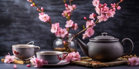 Traditional ceremony. Cups of brewed tea, teapot and sakura flowers on grey table