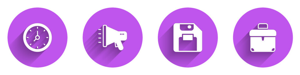 Fototapeta premium Set Clock, Megaphone, Floppy disk and Briefcase icon with long shadow. Vector