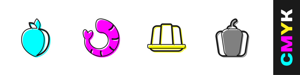Fototapeta premium Set Plum fruit, Shrimp, Jelly cake and Bell pepper icon. Vector