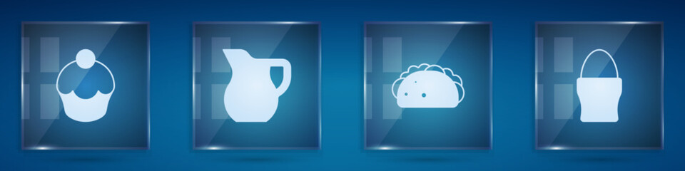 Set Muffin, Jug glass with milk, Taco tortilla and Chicken egg on stand. Square glass panels. Vector