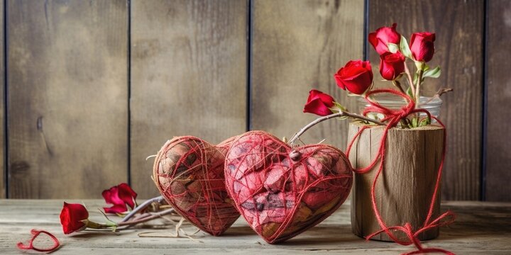 Two red hearts with bouquet of dry roses on wooden background