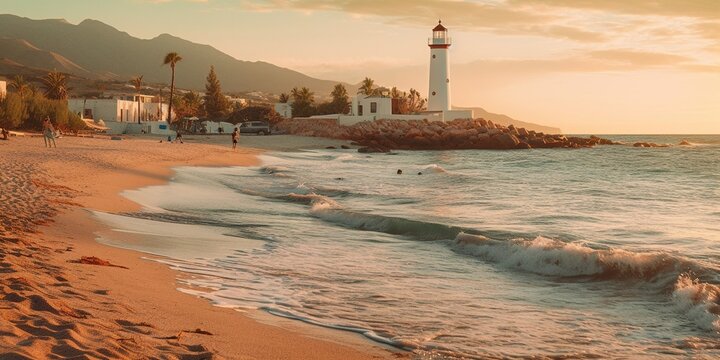 View of lighthouse of Villajoyosa from beach in the golden hour