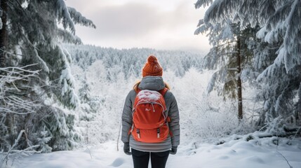 Female hiker, full body, view from behind, standing in a snowy forest