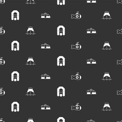 Set Submarine, Cruise ship, Rafting boat and Tram and railway on seamless pattern. Vector