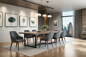 Modern dining area with grey chairs, posters, and lamp. Generative AI