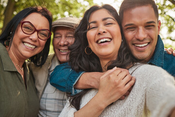 Family, parents and selfie by couple on a vacation or holiday happy together and with outdoor...