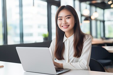 A woman using a laptop computer created with Generative AI technology