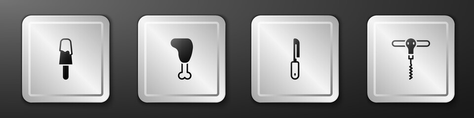 Set Ice cream, Chicken leg, Knife and Wine corkscrew icon. Silver square button. Vector