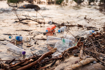 plastic bottles are floating in sea. concept : Environmental problem of plastic rubbish pollution...