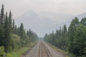 Papier Peint photo autocollant Denali Smoke from Alaska and Canadian forest fires blanket the mountains along the Alaska Railroad tracks near Denali.