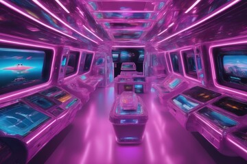 Fototapeta na wymiar Pink and blue neon-lit futuristic room with spaceship view