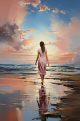Pink wave, beach sky, sunset, beach, sea, painting. AI generative