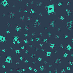 Set Collar with name tag, Food for fish, Pet award symbol and Cat on seamless pattern. Vector